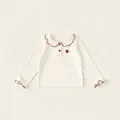 Girl's beige cotton shirt with contrast red scalloped collar and strawberry embroidery - 80 / Tops / Off-white (Autumn Style)