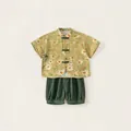 Jungen Sommer-Set mit gelbem Blumenoberteil und dunkelgrünen Shorts im chinesischen Stil - 80 / Gelb