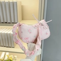 Rosa plissierte Schultertasche mit Rosen- und Schleifenmuster für einen süßen Look - Rosa