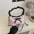 Bolso rosa con textura 3D, colgante de corazón y asa negra plisada para mujer - Rosa
