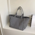 Bolso tote clásico de lona con cuadros vichy en blanco y negro con asas dobles de verano - Negro