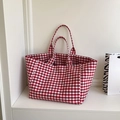 Bolso tote grande de lona a cuadros rojos y blancos con asas dobles para hombro y mano - Rojo