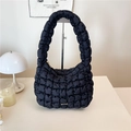 Minimalist black bubble quilted cotton crossbody hobo bag with gold metal logo detail - Black