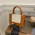 Minimalist color-block tote bag in brown faux leather and off-white canvas with top handle - Brown