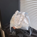 Floral and gingham drawstring lunch bag in blue and white with lace detail - Blue