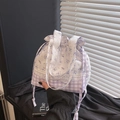 Floral lace bucket bag with purple checkered pattern and drawstring top for summer - Purple