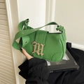 Retro grass green PU baguette shoulder bag with gold metal logo and adjustable strap - Green
