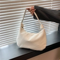 White woven texture crescent shoulder bag with minimalist leather strap for women - White