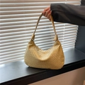 Champagne gold woven hobo bag with a minimalist half-moon shape and textured PU leather - Gold