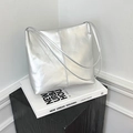 Minimalist silver metallic tote bag with vertical stitching and slim straps for commuting - Silver