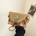 Bohemian rieten enveloppe tas met kleurrijke kwastjes en handgemaakte kralen mandala - Khaki