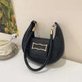 Chic black crescent shoulder bag with crocodile pattern and golden metal hardware - Black