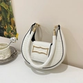 White faux crocodile leather crescent bag with golden geometric clasp for women - White
