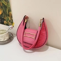 Pink faux crocodile leather crescent handbag with elegant golden metal bow clasp - Rose Red