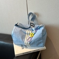 Light blue large capacity nylon sports gym bag with white triple stripes and star charm - Blue