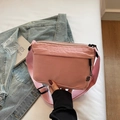 Chic pink crinkled nylon crossbody bag with adjustable wide strap and floral emblem - Pink