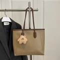 Khaki faux leather tote bag with dark brown trim and a plush star pendant accessory - With Pendant / Khaki