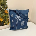 Borsa tote vintage in denim blu navy con stampe minimaliste bianche di cocco e conchiglie - Stile con Stampa Palma Tropicale (款三)