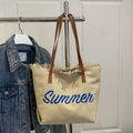 Beige canvas tote bag with blue Summer embroidery and brown leather shoulder straps - Khaki