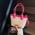 Large capacity beige straw woven tote bag with vibrant pink leather handles and shoulder strap - Rose Red