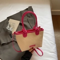 Grand sac cabas en paille avec garniture en cuir rose vif et bandoulière amovible beige - Rose rosé