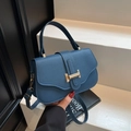 French vintage blue lychee pattern crossbody bag with golden buckle and strap - Blue