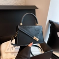 Sac à main classique noir à motif crocodile avec fermoir doré et poignée pour femme - Noir