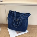 Large capacity washed denim canvas tote bag in dark blue with fashion instinct label - Denim Dark Blue