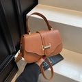 Brown litchi leather square handbag with golden buckle and strap in vintage French style - Dark Brown