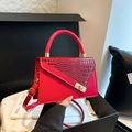 Red stone pattern vintage small square bag with gold metal buckle and top handle - Red