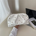 White pleated clutch bag with gold mushroom studs and chain strap for women - White