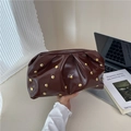 Dark brown pleated clutch with gold studs and chain handle, stylish cloud bag for women - Brown