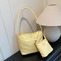 Fashionable light yellow nylon shoulder bag set with matching small zipper pouch - Yellow