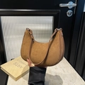 Brown suede crescent underarm bag with smooth leather trim and adjustable strap - Brown