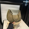 Olive green suede crescent hobo bag with smooth leather trim and metal zipper detail - Green