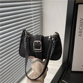 Black denim baguette bag with silver buckle, chain strap, and white contrast stitching - Black