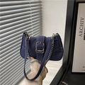 Vintage dark blue denim baguette bag with metal chain strap and decorative buckle - Blue