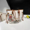 Sac cabas blanc cassé avec graffiti ours coloré et anses marron pour femmes chic - Blanc