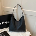 Modische schwarze Hobo-Schultertasche mit Webstruktur und großem Fassungsvermögen - Schwarz