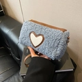 Blue faux shearling cylinder handbag with white heart patch for women winter fashion - Blue