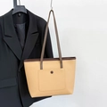 Chic beige and brown contrast tote bag with lychee grain texture and front pocket - Khaki