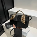 Fashionable black square crossbody bag with leopard print panel and silk scarf handle - Black