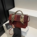 Retro contrast patchwork square handbag in burgundy leather with leopard silk scarf handle - Red