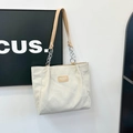 Borsa tote in velluto a coste color panna con manici in pelle e catena in metallo - Bianco Sporco