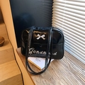 Black glossy patent leather shoulder bag with white bow and silver embroidery - Black