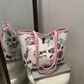 Borsa tote bianca con finiture rosa, illustrazioni di Hong Kong e doppi manici grandi - Rosa