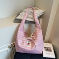 Bolso tote de lona a cuadros rosa y azul con lazo y etiqueta vintage de tomate - Rosa