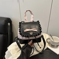 Mini sac à dos noir et rose avec dentelle à pois, nœud et pendentif en cœur - Rose