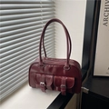 Chic burgundy multi-pocket underarm bag in glossy PU leather with silver buckles - Burgundy