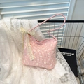 Rosa karierte Achseltasche mit Gänseblümchen-Muster und Spitzen-Schleife - Rosa